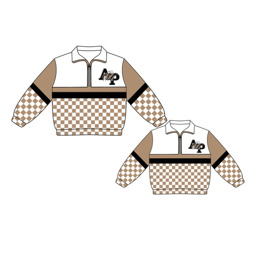 Custom moq 5 mix size milk silk summer teams Daddy and Me Brown Checked Long Sleeve Team Pullover Tops