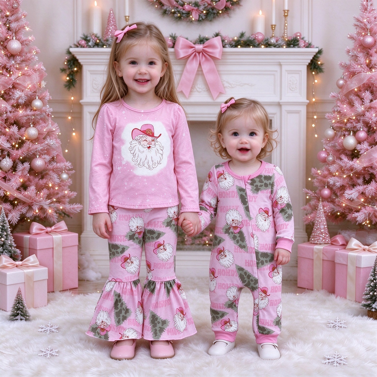 Baby Girls Howdy Cowboy Santa Christmas Collection - Zip Front Romper & Flare PJ Set