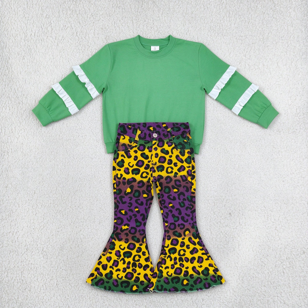 NEW RTS NO MOQ Denim GT1858+ P0314 Baby Girls Green White Patchwork Long Sleeve T-shirts Top Colorful Leopard Bell Denim Pants Jeans Sets