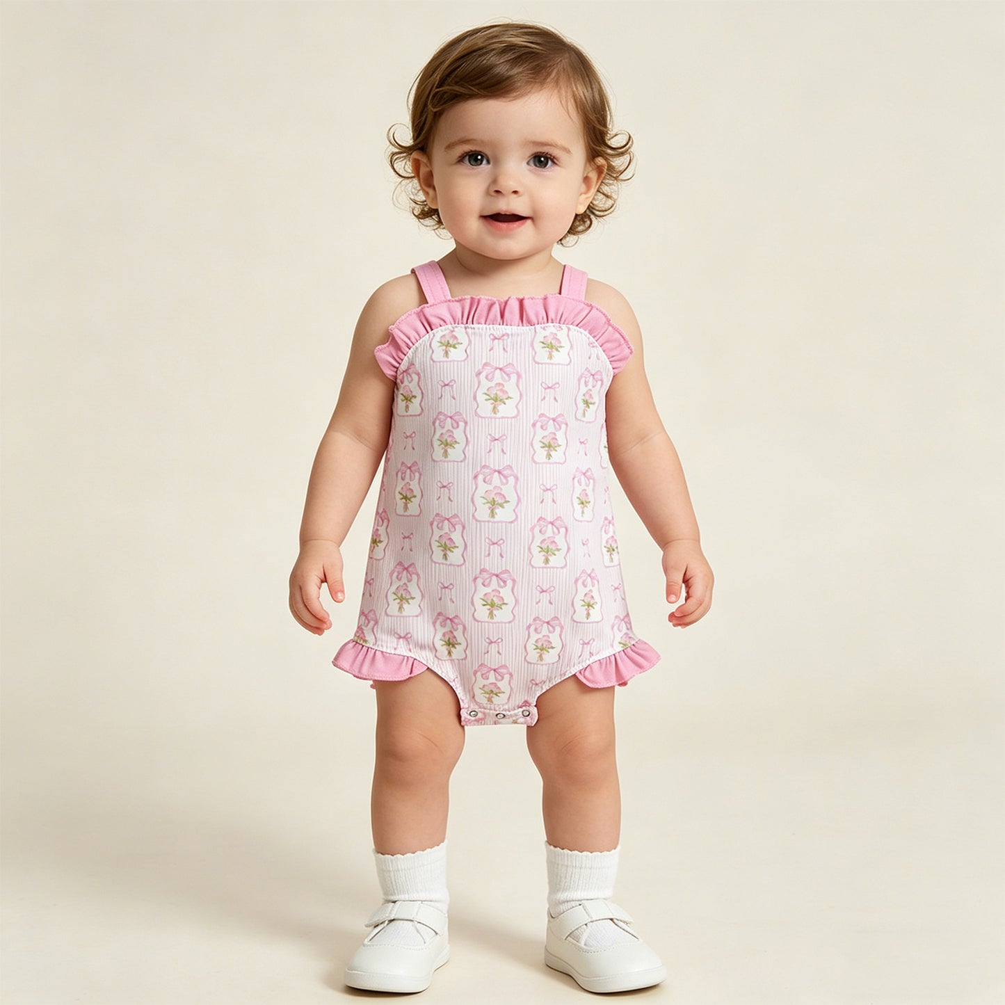 RTS NO MOQ SR4112 Baby Girls Pink Strap Floral Back Bows Ruffle Sleeveless Rompers