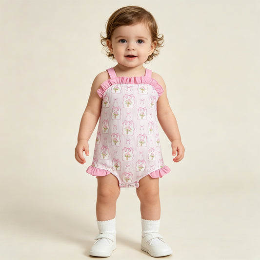 RTS NO MOQ SR4112 Baby Girls Pink Strap Floral Back Bows Ruffle Sleeveless Rompers