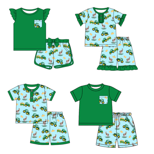 12.17 custom each style moq 5eta 4-6week Sibling Sister tractor baby boy short sleeve shorts fish sets 1 and easter sets 2 and set 3 match design