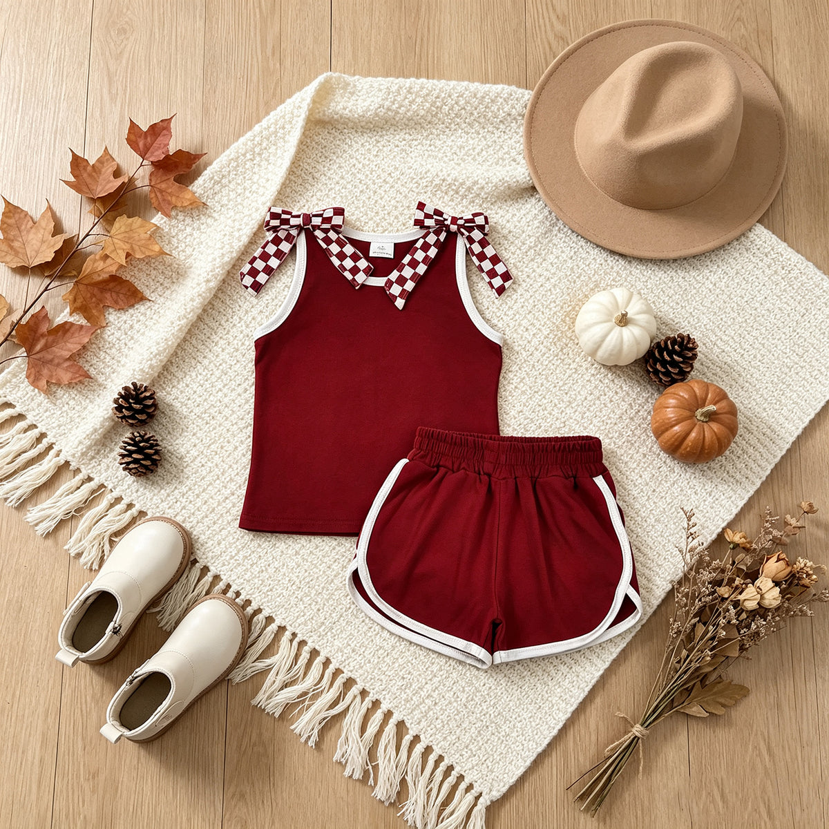 NEW RTS NO MOQ cotton GSSO3859 Baby Girls Maroon Checked Bows Sleeveless Vest Short Sets