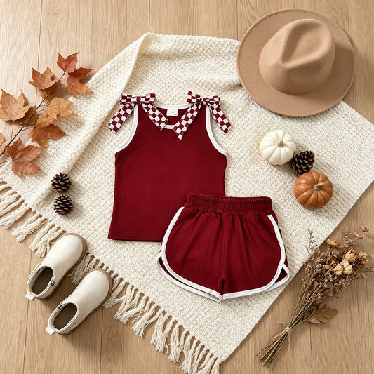 NEW RTS NO MOQ cotton GSSO3859 Baby Girls Maroon Checked Bows Sleeveless Vest Short Sets