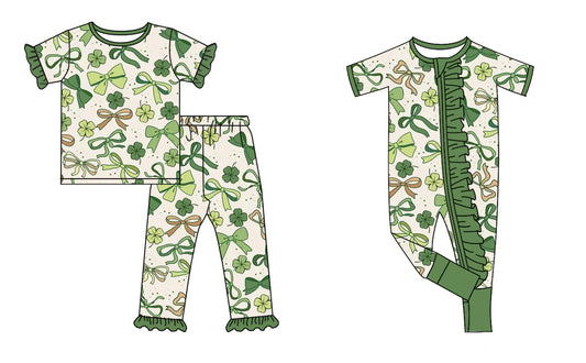 25.9.14 custom each style moq 5eta 6-8week Sibling Sisters bow green baby girl clothes short sleeve pants sets and romper match family design