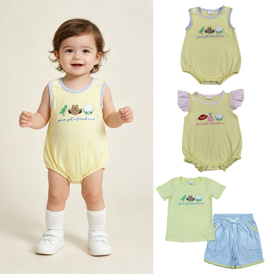RTS NO MOQ Sibling milk silk Baby Boys Dinosaur Hat Embroidery Top Pockets Stripe Short Clothes Sets Rompers Girls Ruffle Rompers
