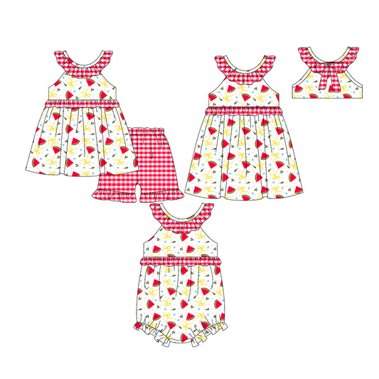 25.12.25 custom each style moq 5 eta 6-8week Sibling Sister wastermelon baby short sleeve shorts sets and romper and dress match design