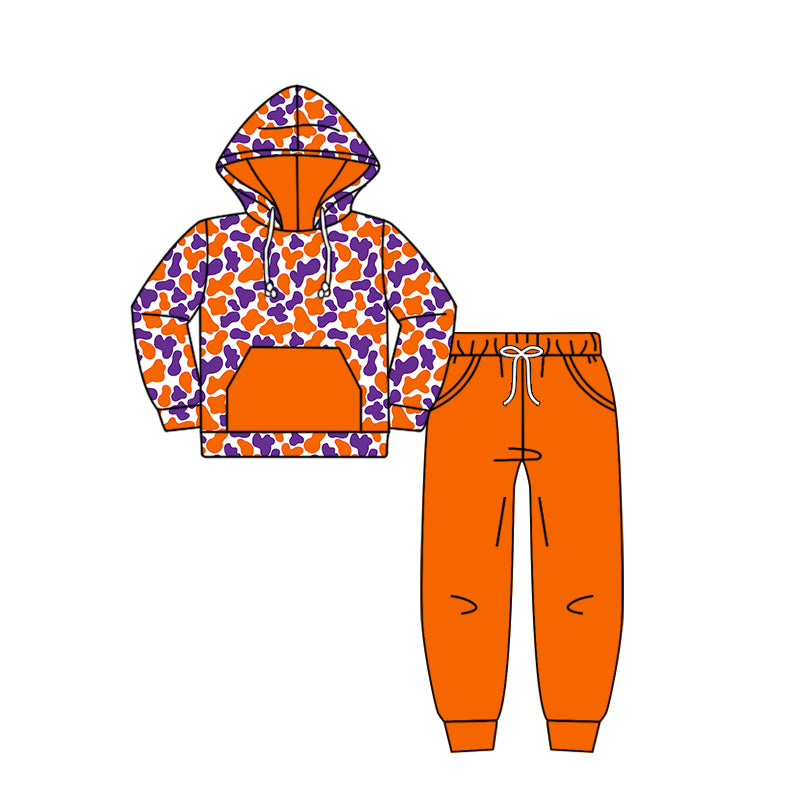 Custom moq 5 mix size milk silk summer teams baby girls clothes camouflage orange hooded long sleeve pants sets 2 and boy pants sets and pant-25.8.7