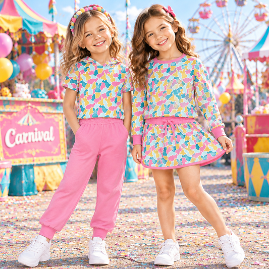 RTS NO MOQ Sibling milk silk Baby Girls Easter Bunny Camo Print Hooded Tee Long Sleeve Top And Skort Outfit