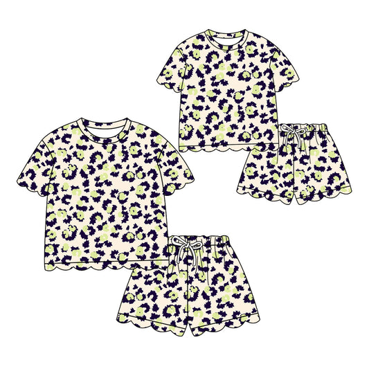 4.7 Custom moq 5 mix size Sibling Mom And Me Leopard Print Top And Scallop Shorts Outfit Set Casual Clothing