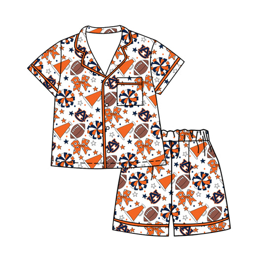 Custom moq 5 mix size milk silk summer teams Baby Girls Orange Bows Button Pocket Top Short Pajamas Sets Cute Infant Sleepwear