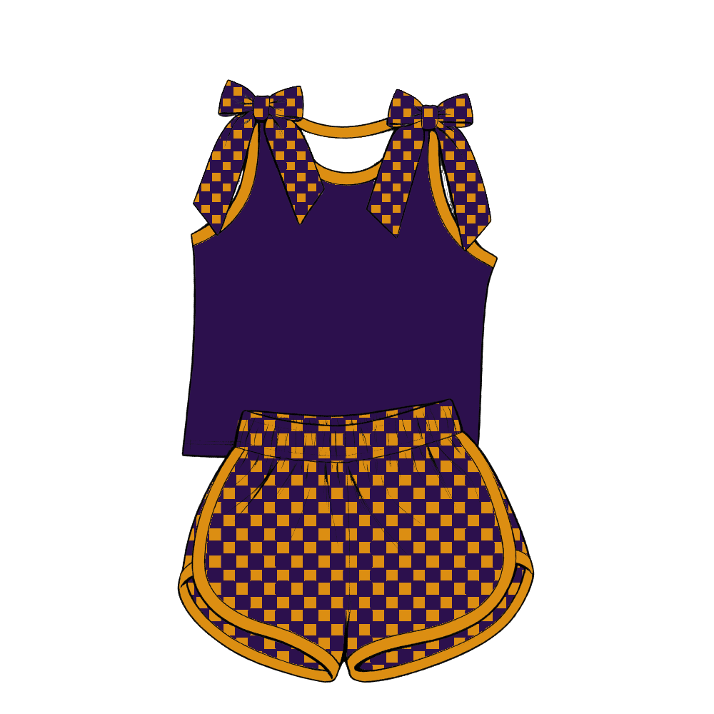 custom moq 5 mix size Baby Girls Purple Bow Sleeveless Yellow Top Shorts Summer Casual Clothes Set