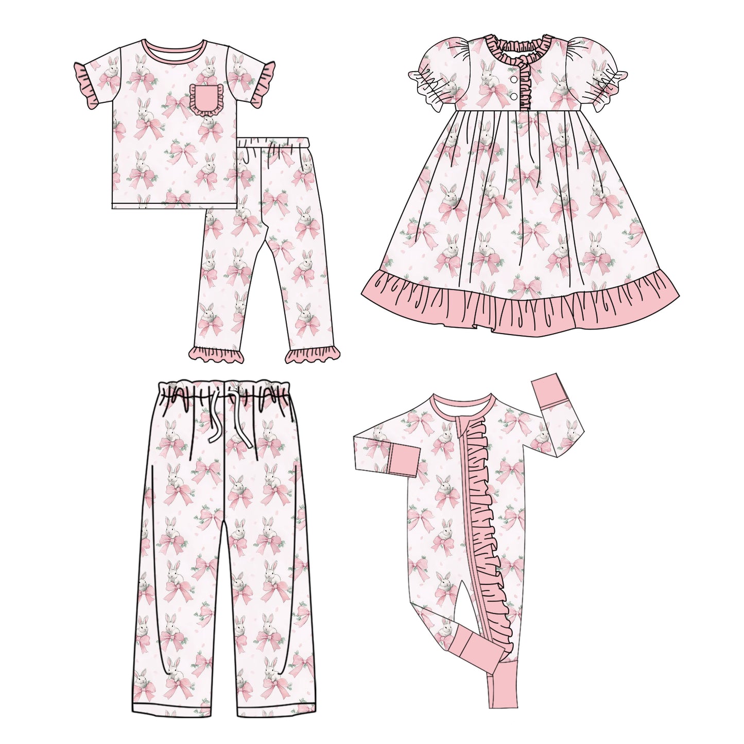 25.9.16 custom each style moq 5eta 4-8week Sibling Sister bunny bow floral baby short sleeve pants sets and romper and dress and adult pants match design