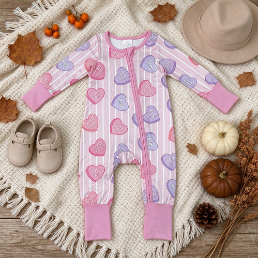 NEW RTS NO MOQ milk silk LR3325 Baby Girls Pink Stripe LOVE YOU Hearts Valentines Two Way Zip Convertible Rompers Cute Holiday Outfit