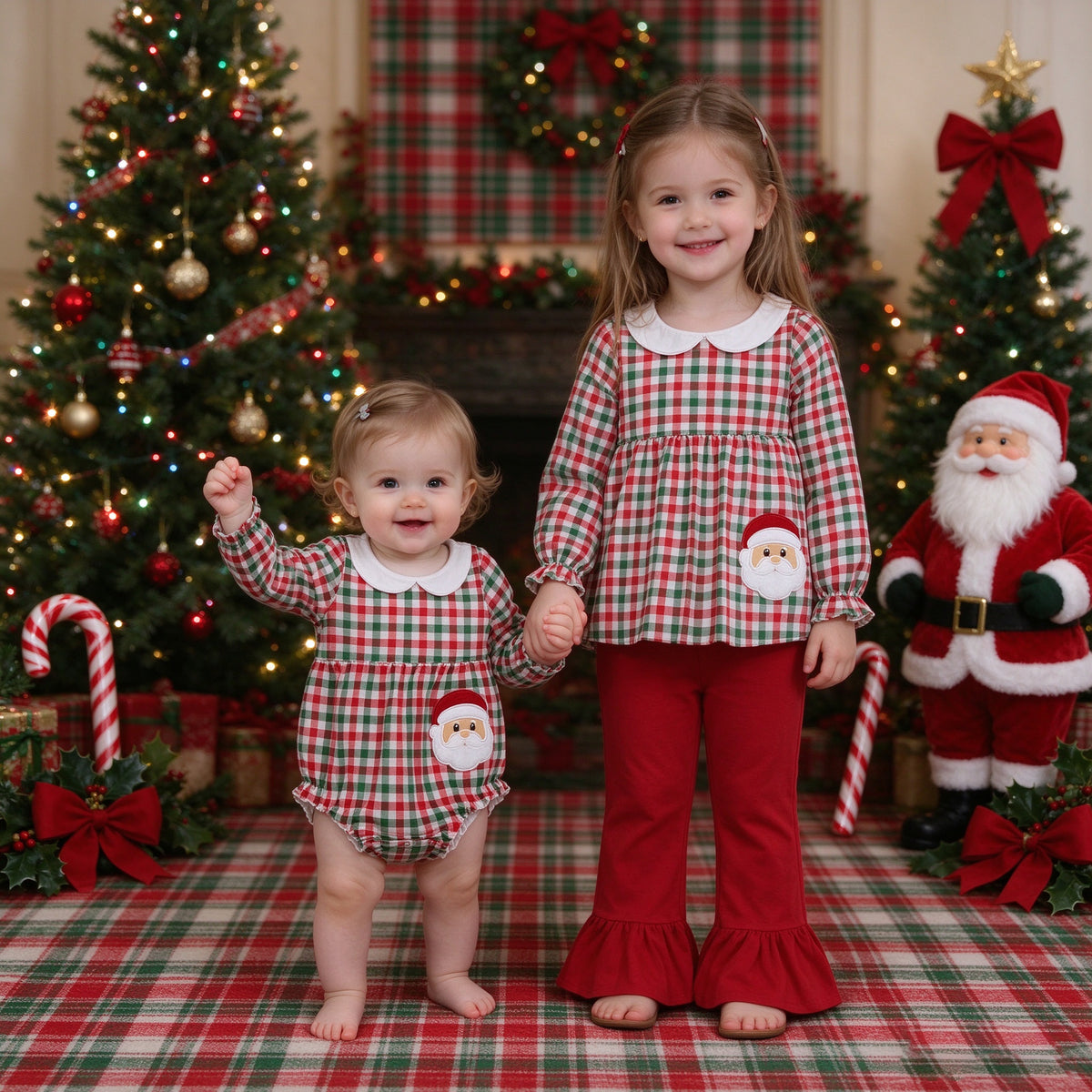 Baby Girls Christmas Plaid Collar Collection - Santa Flare Pant Set & Romper