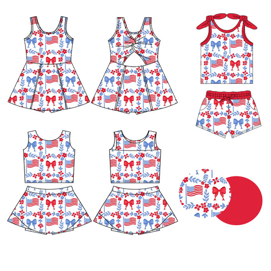 25.12.26 custom each style moq 5 eta 6-8week Sibling Sisters bow flag floral baby girl clothes short sleeve shorts sets and skirts set 2 and dress match family design