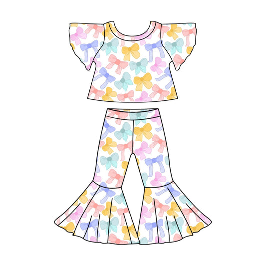 10.28 custom each style moq 5eta 4-6week baby girls clothes colorful bow short sleeve pants sets
