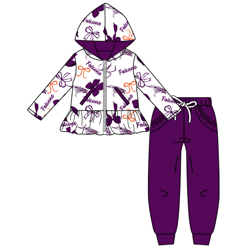 Custom moq 5 mix size milk silk summer teams baby girls clothes bow purple hooded long sleeve pants sets and boy sets and dress and hooded top and pant-25.8.15