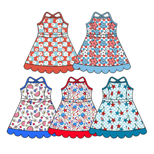 Custom moq 5 mix size Sibling Baby Girls Sleeveless Plaid Print Yoga Dress 4th of July Clothing for Little Ones