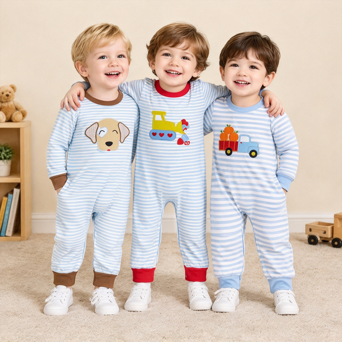 RTS NO MOQ Sibling milk silk Embroidery Baby Boys Light Blue White Stripe Long Sleeve Fall Rompers