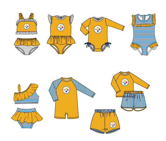 Custom moq 5 mix size milk silk summer teams baby girl boys clothes Yellow Two-Piece Swimsuit Set One Piece Swimsuits boy swim trunks