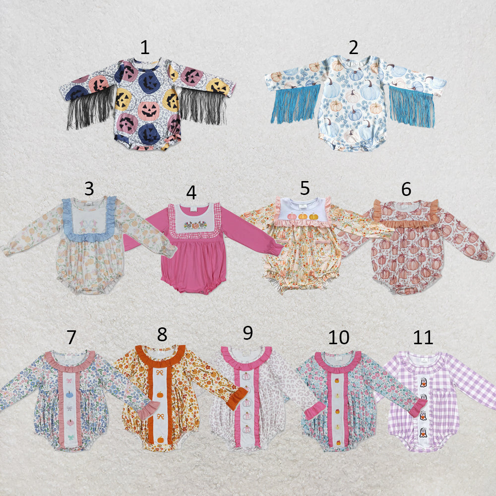 RTS NO MOQ Sibling milk silk Baby Girls Embroidery Turkey Pumpkin Floral Long Sleeve Ruffle Rompers