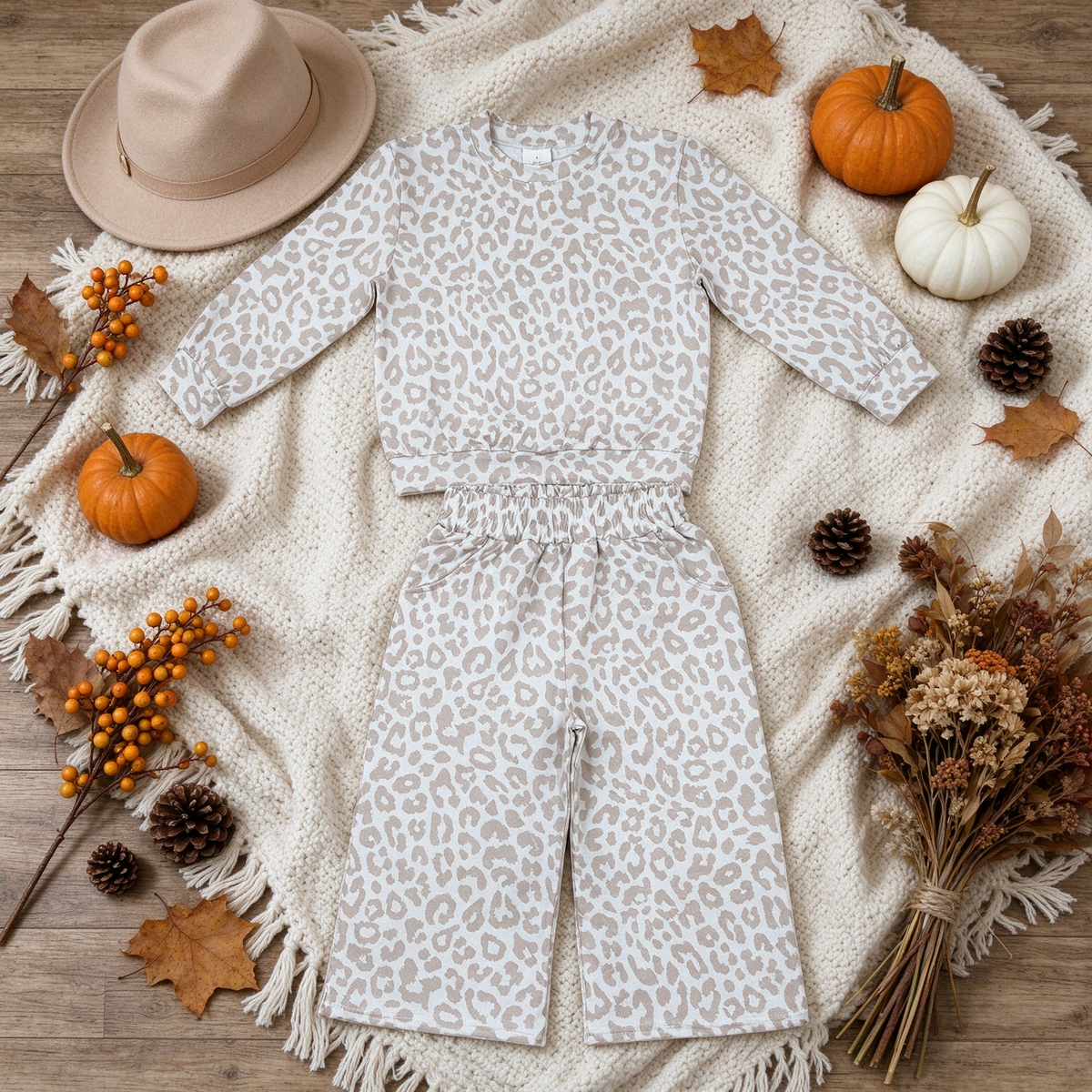NEW RTS NO MOQ milk silk GLP3778 High Neck Baby Girls Grey Leopard Long Sleeve Top Pockets Flare Pant Daily Wear Outfit Set