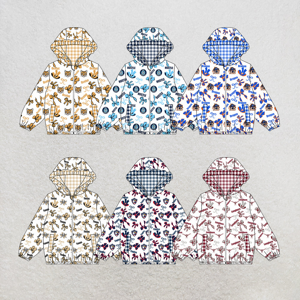 custom moq 5 mix size MSD071010 Baby Girls Bow Print Long Sleeve Zipper Hooded Team Jacket Tops