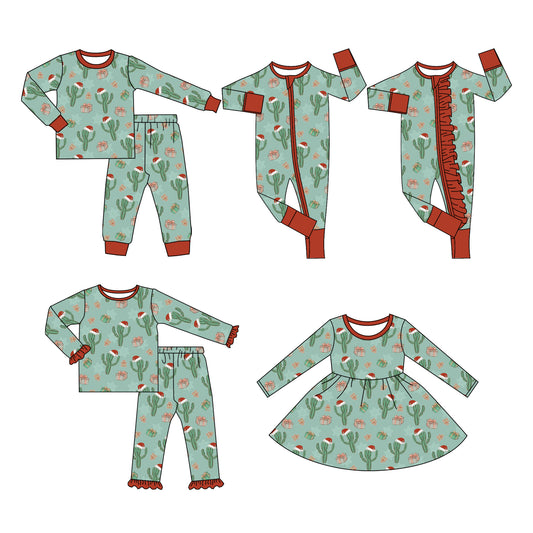 25.5.7 custom each style moq 5eta 4-6week Sibling Sisters Christmas catcus baby girl long sleeve pants sets 1 and sets 2 and dress and romper 1 and romper 2 match family design