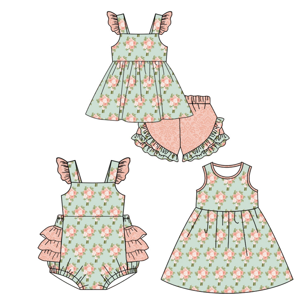 12.11 custom each style moq 5eta 4-6week Sibling Sister floral baby girl short sleeve shorts sets and dress and rompers match family design