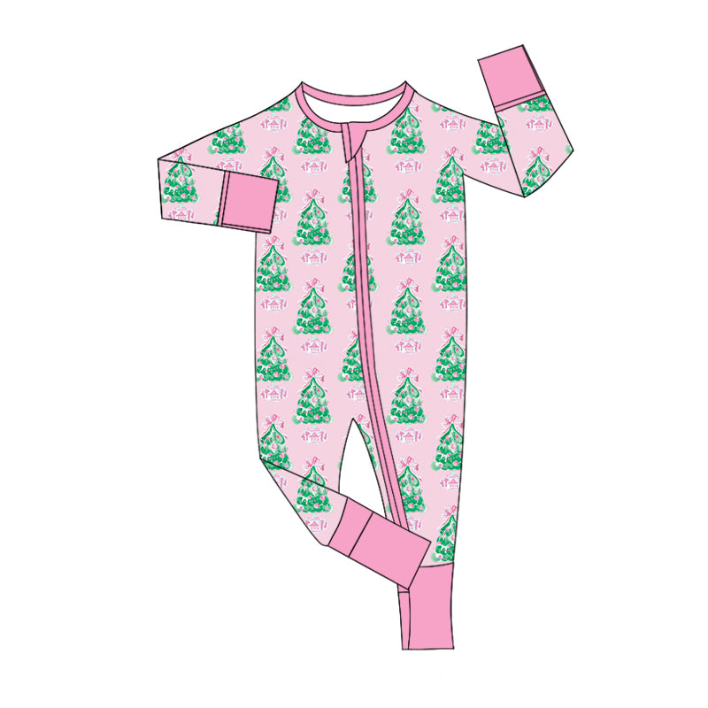 7.11 custom each style moq 5eta 4-6week Sibling Sister Christmas trees pink baby boys sets and rompers match family design