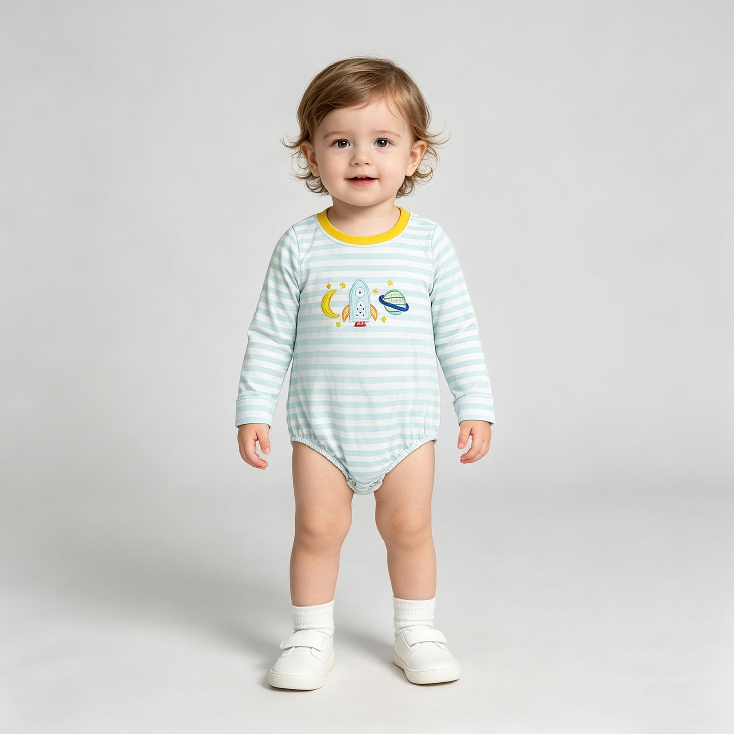 RTS NO MOQ milk silk LR3063 Embroidery Rocket Moons Baby Boys Long Sleeve Blue Stripe Rompers