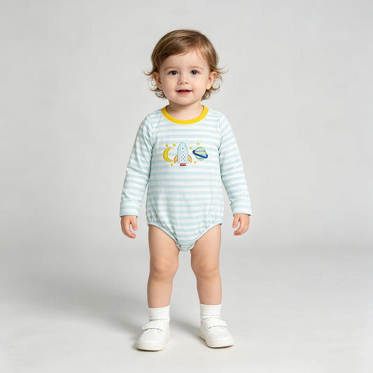 RTS NO MOQ milk silk LR3063 Embroidery Rocket Moons Baby Boys Long Sleeve Blue Stripe Rompers
