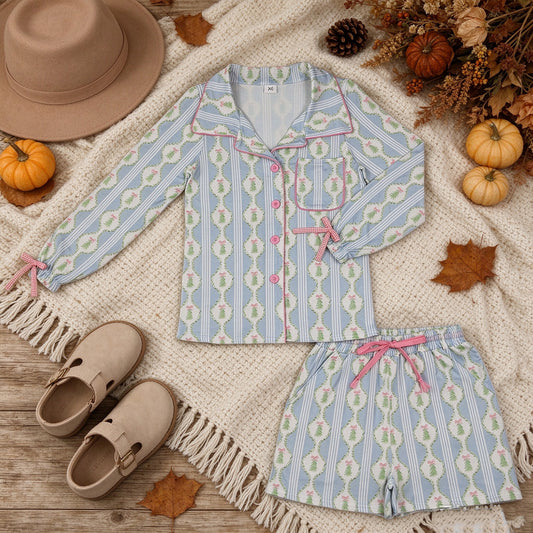 NEW RTS NO MOQ milk silk GLS0114 Adult Women Summer Christmas Bow Tree Button Pocket Top Shorts Pajamas Sets