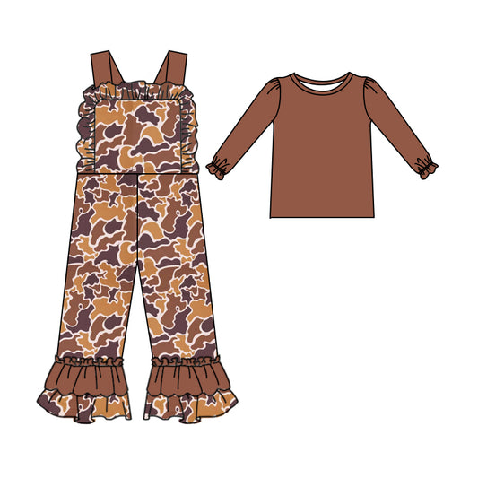 9.16 custom each style moq 5eta 4-6week baby girls clothes camouflage brown long sleeve suspender jumpsuit sets