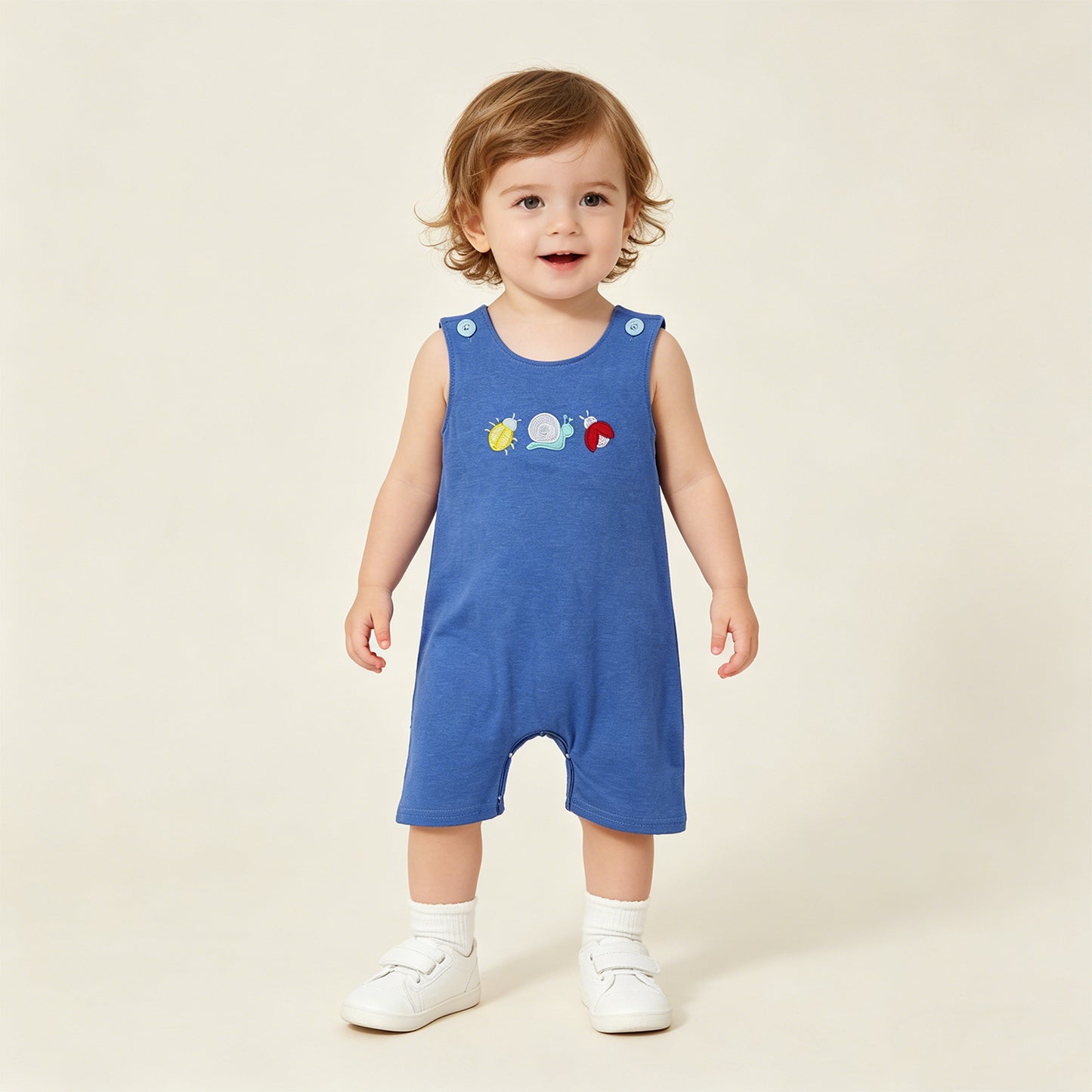 RTS NO MOQ SR4036 Baby Boys Blue Sleeveless Animal Embroidery Ladybird Snail Rompers