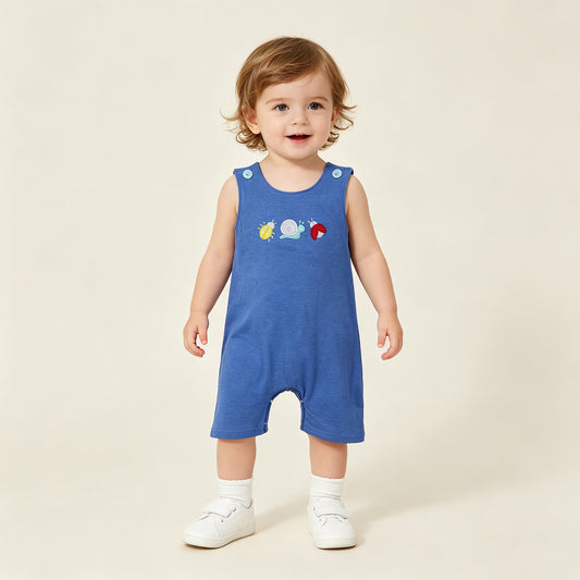 RTS NO MOQ SR4036 Baby Boys Blue Sleeveless Animal Embroidery Ladybird Snail Rompers