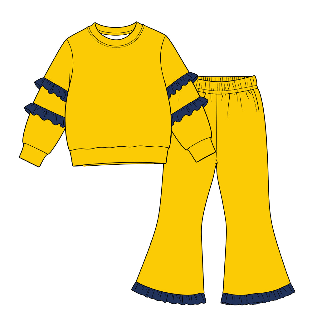 custom moq 5 cotton girls ruffle sets Baby girl's blue ruffled yellow long-sleeve top and ruffled bell-bottom pants set