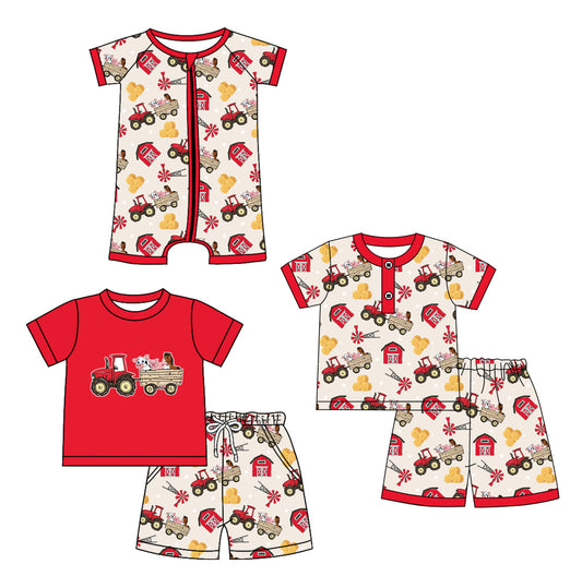 12.21 custom each style moq 5eta 4-6week Sibling Sister tractor baby boy short sleeve shorts set 1 and sets 2 and boy romper match design