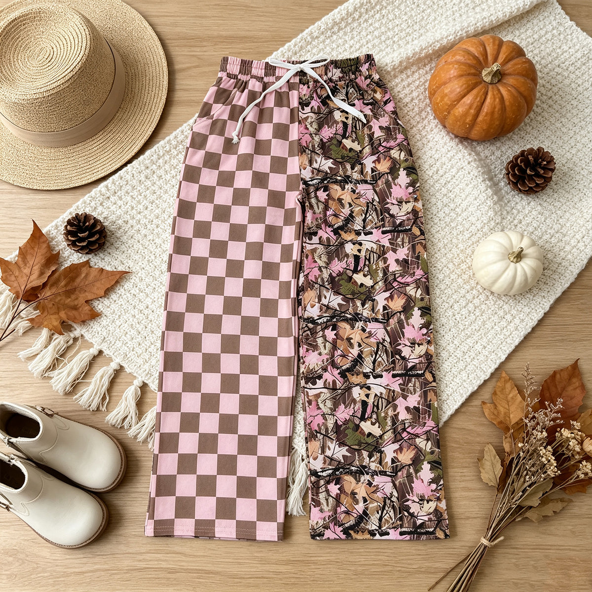 NEW RTS NO MOQ milk silk P1094 Adult Women Pink Checked Leaves Pants Bottom