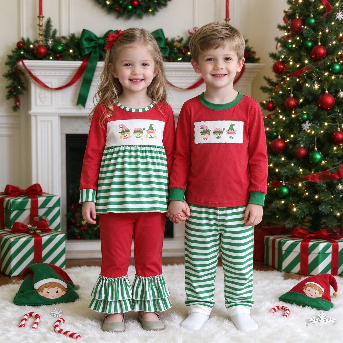 Toddler Girls Christmas Elf Embroidery Collection - Red & Green Stripe Peplum Ruffle Pant Set & Boy Style Stripe Pant Set