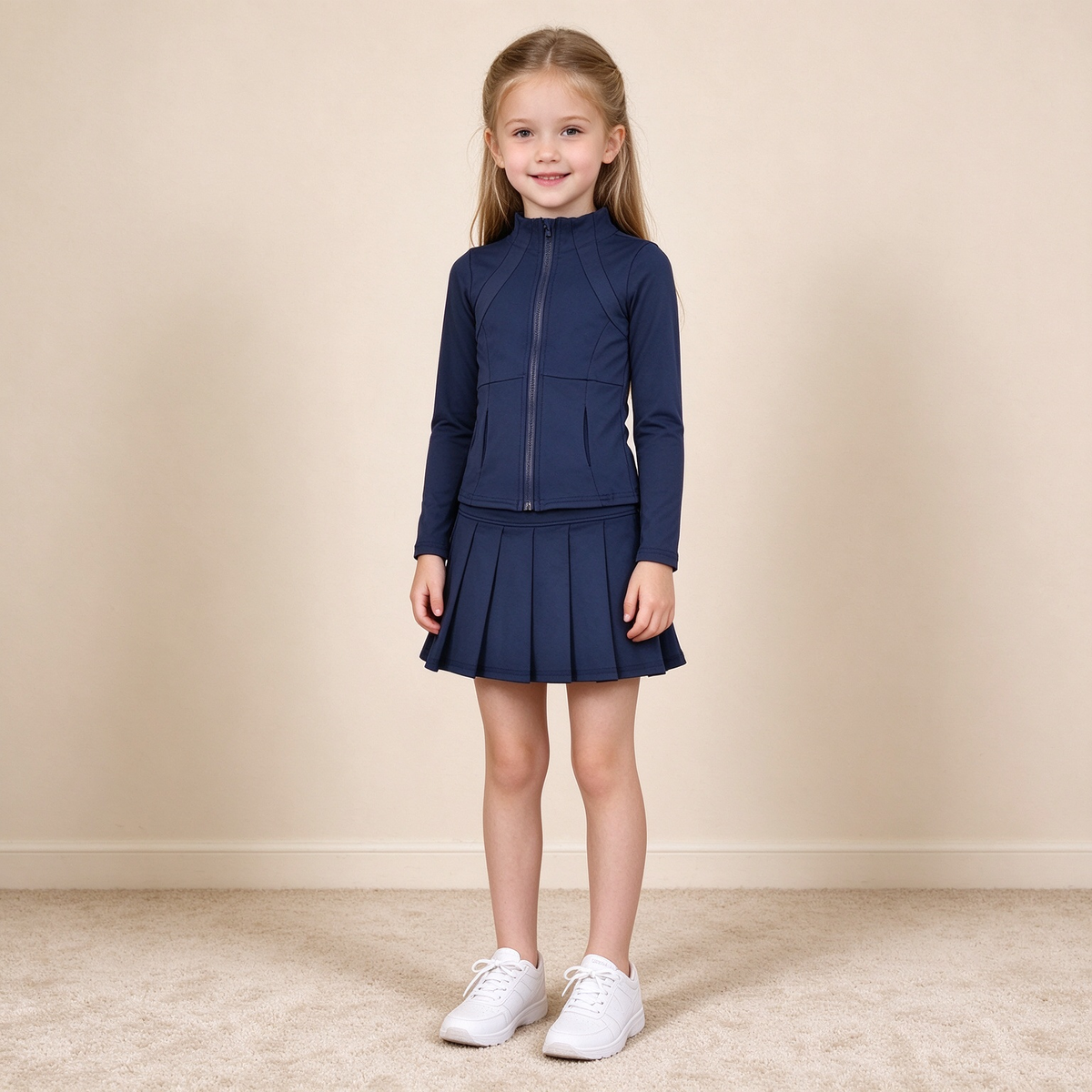 NEW RTS NO MOQ yoga fabric cotton GLD1705(GT0677+GLK0122) Toddler Girls Navy Blue Zip  Long Sleeve Top Skorts Bottom Pleated Skirts Yoga Clothes Set
