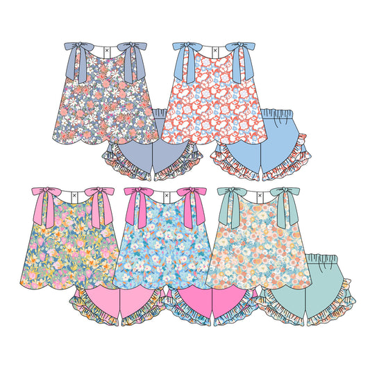 3.12 Custom moq 5 mix size Sibling Kids Colorful Flowers Sleeveless Top And Shorts Set Summer Outfit