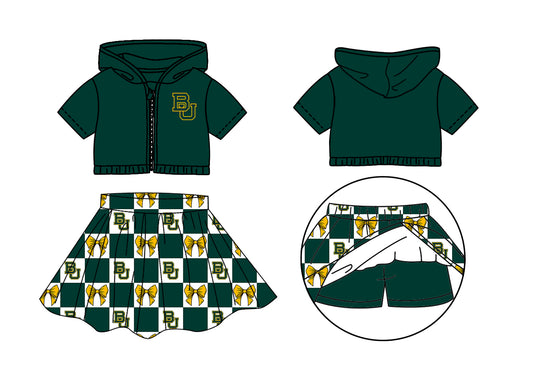 Custom moq 3 or 5 mix size milk silk summer teams baby girl clothes bow green zipper hooded short sleeve shorts skirts sets-26.1.24