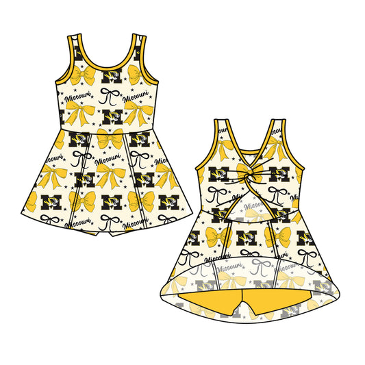 Custom moq 5 mix sizes summer teams baby girls clothes team baseball bow yellow sleeveless skirt shorts dress-25.6.14