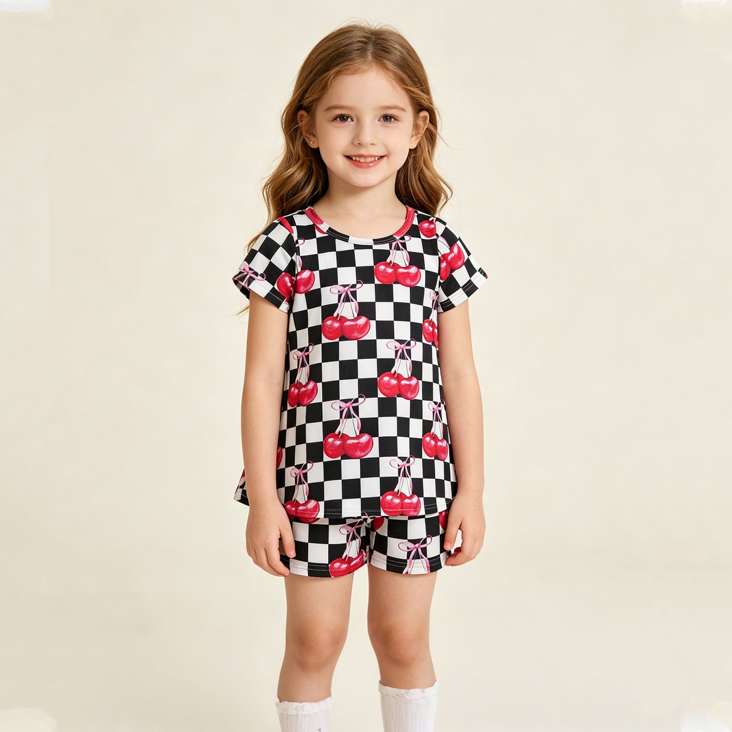 RTS NO MOQ GSSO3075 Baby Girls Casual Black White Plaid Cherry Print Tunic Top Shorts Wear