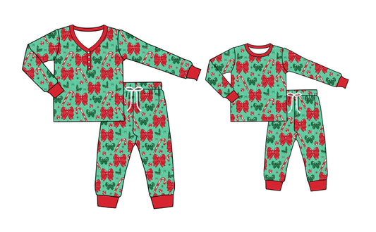 25.5.13 custom each style moq 5eta 4-6week Sibling Sister Christmas bow long sleeve pants sets and adult sets match design
