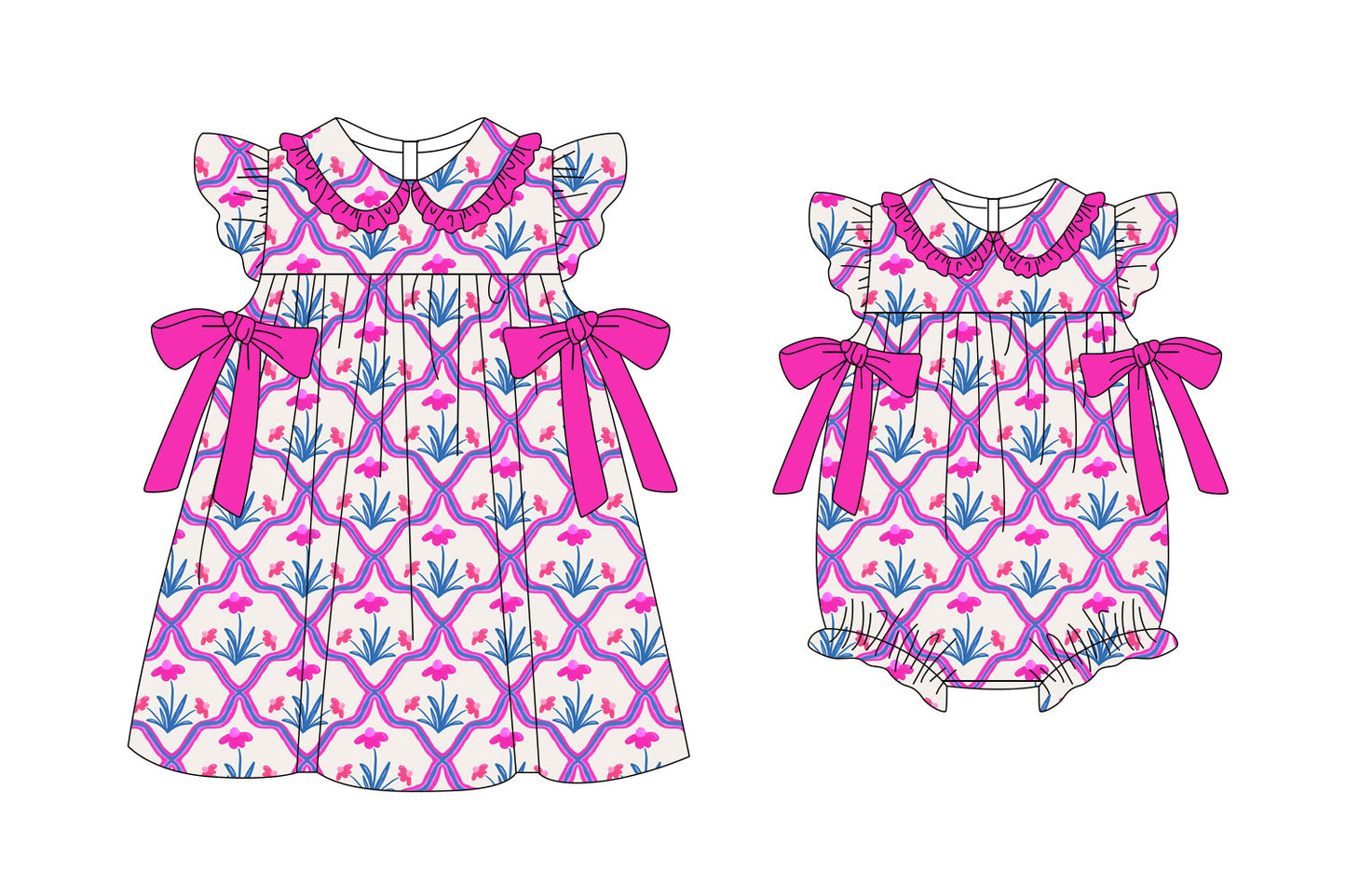 25.11.7 custom each style moq 5 eta 6-8week Sibling Sister floral bow baby short sleeve romper and dress match design