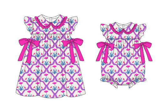 25.11.7 custom each style moq 5 eta 6-8week Sibling Sister floral bow baby short sleeve romper and dress match design