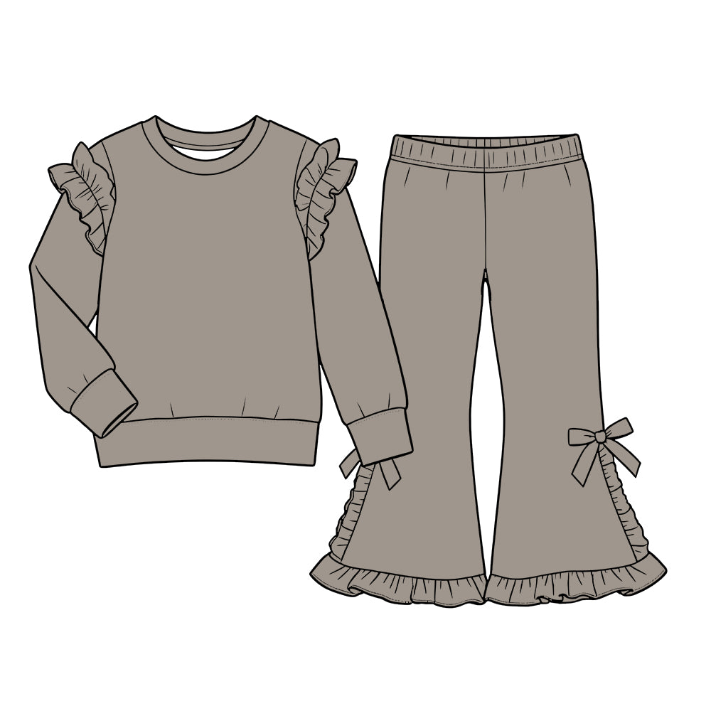Custom moq 5  cotton fabric girls ruffle sets  solid color blank  Grey long-sleeve sweatshirt with lace detail and flared trousers set featuring side bows